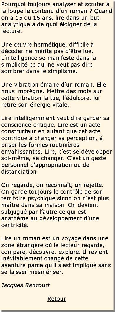Zone de Texte: Pourquoi toujours analyser et scruter  la loupe le contenu dun roman ? Quand on a 15 ou 16 ans, lire dans un but analytique a de quoi loigner de la lecture.Une uvre hermtique, difficile  dcoder ne mrite pas dtre lue. Lintelligence se manifeste dans la simplicit ce qui ne veut pas dire sombrer dans le simplisme.Une vibration mane dun roman. Elle nous imprgne. Mettre des mots sur cette vibration la tue, ldulcore, lui retire son nergie vitale.Lire intelligemment veut dire garder sa conscience critique. Lire est un acte constructeur en autant que cet acte contribue  changer sa perception,  briser les formes routinires envahissantes. Lire, cest se dvelopper soi-mme, se changer. Cest un geste personnel dappropriation ou de distanciation.On regarde, on reconnat, on rejette. On garde toujours le contrle de son territoire psychique sinon on nest plus matre dans sa maison. On devient subjugu par lautre ce qui est anathme au dveloppement dune centricit.Lire un roman est un voyage dans une zone trangre o le lecteur regarde, compare, dcouvre, explore. Il revient invitablement chang de cette aventure parce quil sest impliqu sans se laisser mesmriser.Jacques RancourtRetour